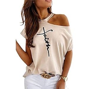 fronage womens short sleeve faith shirts cold shoulder tops casual summer graphic t-shirt (medium, beige) Lightinthebox