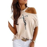 fronage womens short sleeve faith shirts cold shoulder tops casual summer graphic t-shirt (medium, beige) Lightinthebox - thumbnail