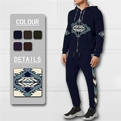 Men's Tracksuit Hoodies Set Full Zip Hoodie Red Navy Blue Purple Green Coffee Hooded Graphic Bohemian Style Zipper 2 Piece Print Sports  Outdoor Casual Sports 3D Print Basic Streetwear Designer Fall miniinthebox