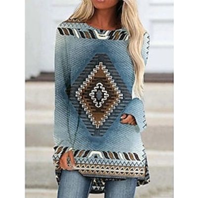 Women's Casual Dress T Shirt Dress Tee Dress Shift Dress Mini Dress Light Brown Blue Green Long Sleeve Graphic Print Spring Fall Winter Crew Neck Fashion Loose Fit 2023 XS S M L XL 2XL 3XL 4XL 5XL 6XL miniinthebox