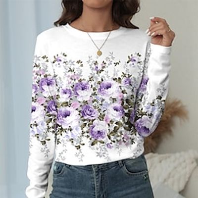 Women's T shirt Tee White Floral Print Long Sleeve Holiday Weekend Fashion Round Neck Regular Fit Floral Painting Spring   Fall Lightinthebox