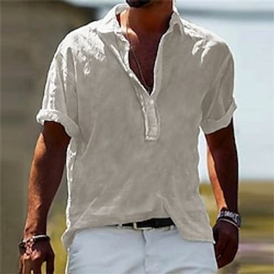 Men's Shirt Solid Color Turndown Street Casual Button-Down Short Sleeve Tops Casual Fashion Breathable Comfortable White Lightinthebox
