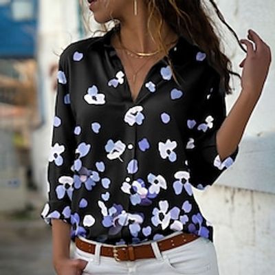 Women's Floral Theme Blouse Shirt Floral Button Print Shirt Collar Casual Streetwear Tops Blue Purple Pink / 3D Print miniinthebox Women's Floral Theme Blouse Shirt Floral Button Print Shirt Collar Casual Streetwear Tops Blue Purple Pink / 3D Print miniinthebox