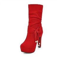 Women's Boots Slouchy Boots Daily Mid Calf Boots Booties Ankle Boots Wedding Heels Winter Bowknot Chunky Heel Round Toe Minimalism Nubuck Loafer Solid Colored Black Light Red miniinthebox - thumbnail