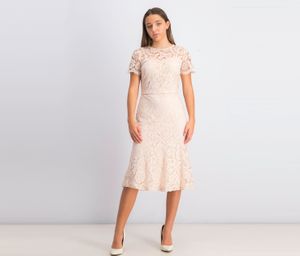 Womens Short Sleeve Illusion Neckline Midi Sheath  Belle Rose