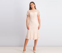 Womens Short Sleeve Illusion Neckline Midi Sheath  Belle Rose - thumbnail