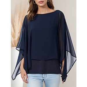 Women's Shirt Blouse Plain Casual Navy Blue Layered 34 Length Sleeve Fashion Modern Round Neck Regular Fit Summer Lightinthebox