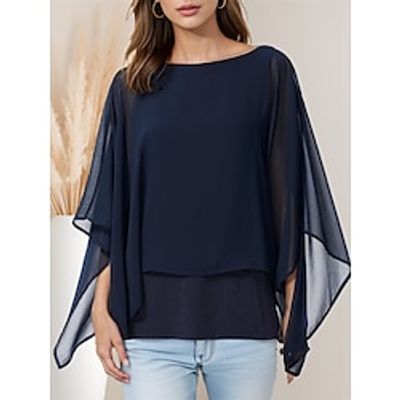 Women's Shirt Blouse Plain Casual Navy Blue Layered 34 Length Sleeve Fashion Modern Round Neck Regular Fit Summer Lightinthebox