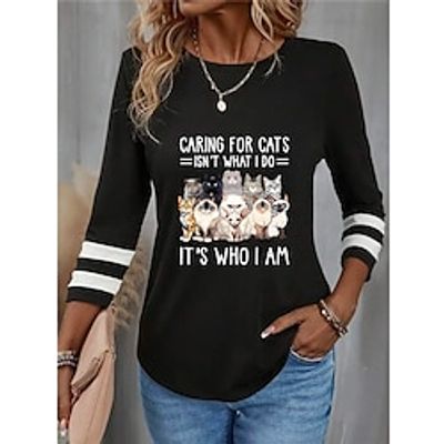 Women's T shirt Tee Dog Letter Black Print Long Sleeve Daily Weekend Funny Round Neck Regular Fit Spring   Fall Lightinthebox