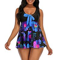 Women's One Piece Swim Dress Swimsuit Bow Print Floral Blue Fuchsia Swimwear Scoop Neck Bathing Suits New Casual Vacation Lightinthebox - thumbnail
