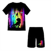 2 Pieces Kids Boys T-shirt  Shorts Clothing Set Outfit Graphic Dinosaur Short Sleeve Crewneck Set Outdoor Sports Fashion Cool Spring 7-13 Years Black Lightinthebox - thumbnail