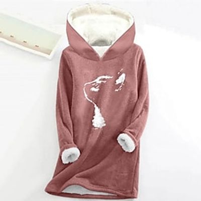 Women's Hoodie Sweatshirt Pullover Fleece Lined Cat Letter Teddy Fuzzy Print Black Pink Dark Pink Casual Sports Hoodie Long Sleeve Top Micro-elastic Fall  Winter Lightinthebox