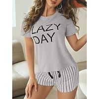 Women's Sleepwear 2 Piece Sets Letter Stripe Sport Casual Comfort Daily Going out Gyms Polyester Breathable Crew Neck Short Sleeve T shirt Tee Shorts Summer Spring Yellow Purple Lightinthebox - thumbnail