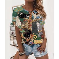 Women's T shirt Cat Graphic Print Round Neck Tops Basic Basic Top White Green miniinthebox - thumbnail