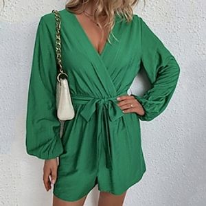 Women's Romper Lace up Solid Color V Neck Holiday Daily Holiday Regular Fit Long Sleeve Green S M L Spring Lightinthebox