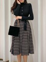 2020 autumn and winter new Korean style temperament lace-up waist color matching houndstooth knitted big skirt dress