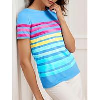 Women's T shirt Tee Rainbow Striped Daily Print Blue Short Sleeve Stylish Crew Neck Summer Lightinthebox - thumbnail