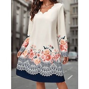 Women's Winter Dress Print Dress Floral Print Scalloped Neck Mini Dress Fashion Streetwear Outdoor Daily Long Sleeve Regular Fit Beige Fall Winter S M L XL XXL Lightinthebox