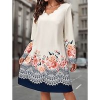 Women's Winter Dress Print Dress Floral Print Scalloped Neck Mini Dress Fashion Streetwear Outdoor Daily Long Sleeve Regular Fit Beige Fall Winter S M L XL XXL Lightinthebox - thumbnail