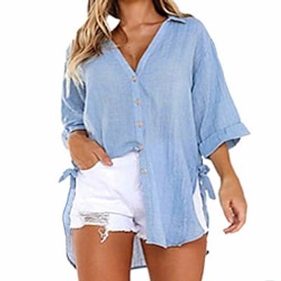 Women's Shirt Blouse Black White Pink Pure Color 3/4 Length Sleeve Daily Sports Streetwear Preppy V Neck Regular L miniinthebox Women's Shirt Blouse Black White Pink Pure Color 3/4 Length Sleeve Daily Sports Streetwear Preppy V Neck Regular L miniinthebox