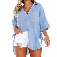 Women's Shirt Blouse Black White Pink Pure Color 3/4 Length Sleeve Daily Sports Streetwear Preppy V Neck Regular L miniinthebox - thumbnail