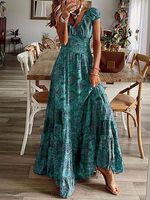 V-Neck Loose Elastic Waist Vintage Print Short Sleeve Maxi Dress