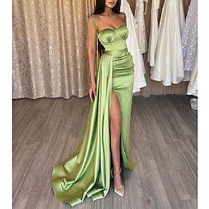 Mermaid  Trumpet High Split Prom Formal Evening Dress Spaghetti Strap Sleeveless Sweep  Brush Train Satin with Ruched Slit 2022 Lightinthebox