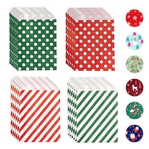 24pcs, Christmas Candy Bags, Red And Green Wavy Twill Kraft Paper Bags, Christmas Party Gift Bags, Including Sticker Sets, Navidad, Christmas Decorations, Small Business Supplies, Cheapest Items Avail Lightinthebox