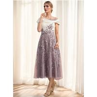 A-Line Mother of the Bride Dress Elegant Vintage Party Cowl Neck Bateau Neck Illusion Neck Ankle Length Tea Length Lace Stretch Fabric Short Sleeve Cap Sleeve with Bow(s) Ruched Appliques 2024 Lightinthebox