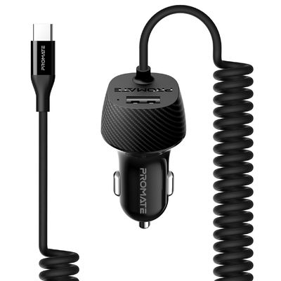 Promate Type-C‚ Car Charger Adapter, Fast Charging 3.4A USB Car Charger w/ Integrated Built-In Coiled USB-C for Smartphones, iPhone, GPS, VolTrip-C Promate Type-C‚ Car Charger Adapter, Fast Charging 3.4A USB Car Charger w/ Integrated Built-In Coiled USB-C for Smartphones, iPhone, GPS, VolTrip-C