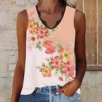 Women's Tank Top Yellow Pink Red Floral Abstract Lace Trims Print Sleeveless Casual Holiday Basic V Neck Regular Floral S miniinthebox - thumbnail