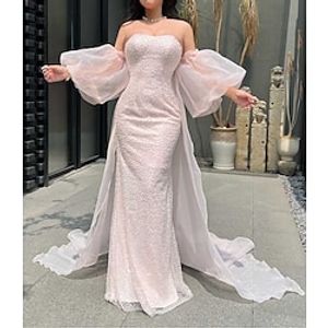 Mermaid  Trumpet Prom Dresses Sparkle  Shine Dress Formal Floor Length Short Sleeve Strapless Organza with Pearls 2023 Lightinthebox