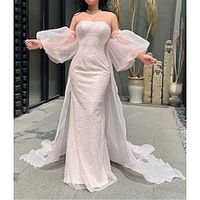 Mermaid  Trumpet Prom Dresses Sparkle  Shine Dress Formal Floor Length Short Sleeve Strapless Organza with Pearls 2023 Lightinthebox - thumbnail
