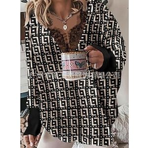 Women's Shirt Blouse Black Graphic Lace Trims Print Long Sleeve Casual Basic V Neck Regular S Lightinthebox