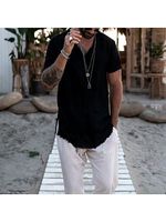 Men's Solid Color Cotton And Linen V Neck Casual Tee