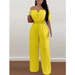 Women's Jumpsuit Backless High Waist Solid Color Off Shoulder Streetwear Party Office Regular Fit Half Sleeve Black White Yellow S M L Summer miniinthebox