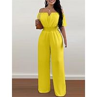Women's Jumpsuit Backless High Waist Solid Color Off Shoulder Streetwear Party Office Regular Fit Half Sleeve Black White Yellow S M L Summer miniinthebox - thumbnail