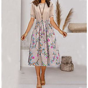 Women's Swing Dress Midi Dress Pink purple Mikhaki Blue Blushing Pink Long Sleeve Flower Elastic Waistband Spring Summer Round Neck Elegant Casual Holiday 2021 S M L XL XXL 3XL / Cotton / Cotton miniinthebox