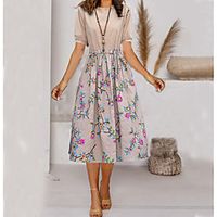 Women's Swing Dress Midi Dress Pink purple Mikhaki Blue Blushing Pink Long Sleeve Flower Elastic Waistband Spring Summer Round Neck Elegant Casual Holiday 2021 S M L XL XXL 3XL / Cotton / Cotton miniinthebox - thumbnail
