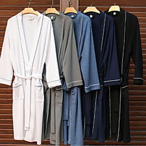 Men's Lace up Solid Color Waffle Fabric Cotton Loungewear Nightgown Casual Plunging Neck Home M Blue  Long Sleeve Lightinthebox