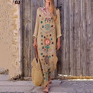 Women's Casual Dress Ethnic Dress Shift Dress Long Dress Maxi Dress Lake blue White Yellow Long Sleeve Paisley Print Summer Spring V Neck Stylish Winter Dress Fall Dress Loose Fit 2023 S M L XL 2XL miniinthebox