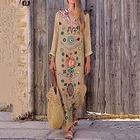 Women's Casual Dress Ethnic Dress Shift Dress Long Dress Maxi Dress Lake blue White Yellow Long Sleeve Paisley Print Summer Spring V Neck Stylish Winter Dress Fall Dress Loose Fit 2023 S M L XL 2XL miniinthebox - thumbnail