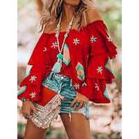 Women's Shirt Blouse Graphic Casual Red Ruffle Print Long Sleeve Fashion Off Shoulder Regular Fit Spring  Summer Lightinthebox