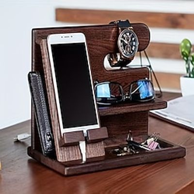 1pc Wooden Storage Rack, Mobile Phone Docking Station Nightstand Organizer, Accessories Gift Box For Phone, Keychain Wallet Holder, Watch Glasses Coin Storage Box Lightinthebox