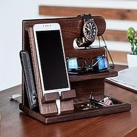 1pc Wooden Storage Rack, Mobile Phone Docking Station Nightstand Organizer, Accessories Gift Box For Phone, Keychain Wallet Holder, Watch Glasses Coin Storage Box Lightinthebox - thumbnail