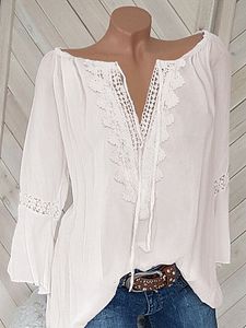 V Neck Loose Fitting Patchwork Lace Plain Blouses