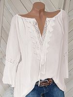 V Neck Loose Fitting Patchwork Lace Plain Blouses - thumbnail