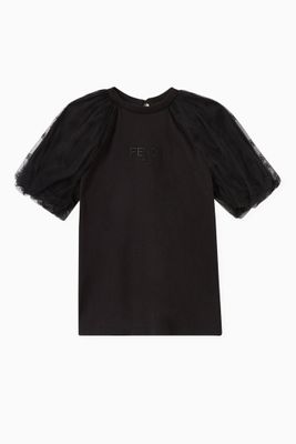 T-shirt with FF Karligraphy Sleeves in Cotton Jersey & Tulle T-shirt with FF Karligraphy Sleeves in Cotton Jersey & Tulle