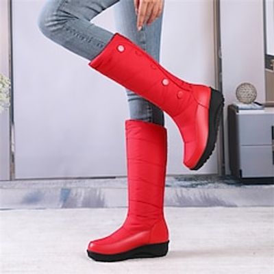 Women's Boots Platform Boots Snow Boots Plus Size Daily Knee High Boots Winter Flat Heel Wedge Heel Round Toe Plush Casual Comfort PU Loafer Solid Color Black White Red miniinthebox