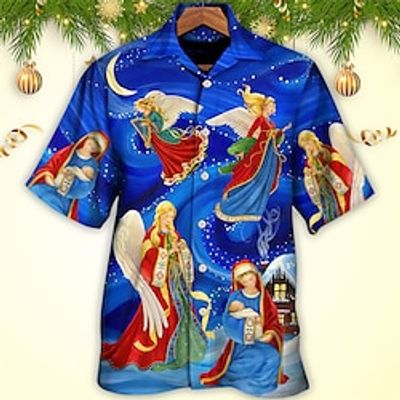 Angel Jesus Vintage Men's Shirt Outdoor Christmas Street Fall Turndown Short Sleeve Blue S M L Shirt Lightinthebox